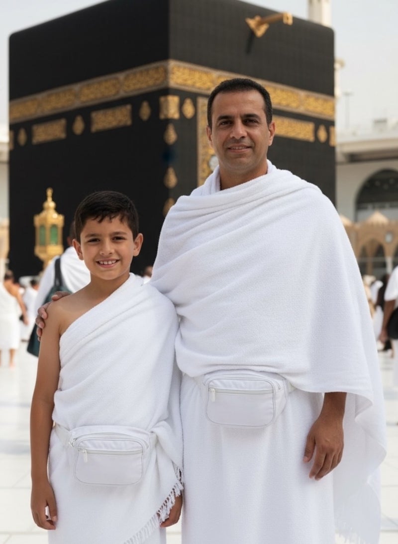 احرام اطفال احرامات اطفال ولادي فاخر وناعم للحج والعمرة مع هدية شنطة خصر وسط بيضاء للجوال والمحفظة قابلة للتعديل طقم إحرام كامل تنورة للاولاد وزرة احرام متوسط الكثافة ليس احرام ثقيل مزعج و ليس احرام خفيف احرامات ولادي - Image 3